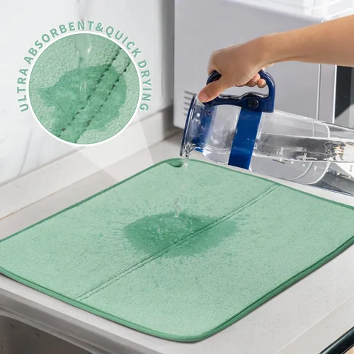 Vista 4 de FRESHMINT - Juego de 2 alfombrillas para secar platos, 14 x 17 pulgadas, color verde claro Secado rápido, ultra absorbente, microfibra, lavable