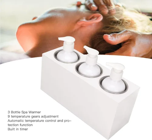 Vista 3 de Calentador de aceite de masaje, calentador de loción de aceite de masaje portátil de 3 botellas con temperatura constante y temporizador, calentador