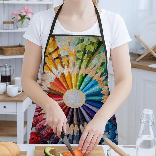 Vista 2 de Colorful Art Supplies Apron for Painting, Vibrant Rainbow Pencil Design Kitchen Adult Apron, Artist Work Protective Wear f