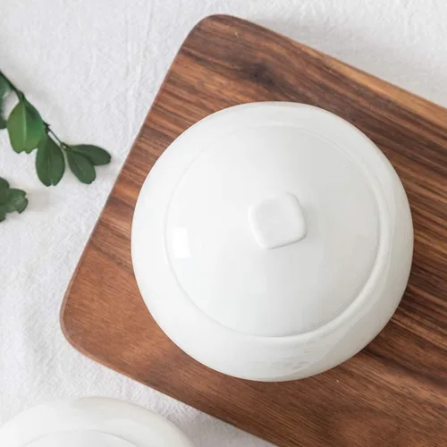Vista 3 de Sizikato Azucarero de porcelana blanca pura con tapa, cuenco de sal de 14 onzas para cocina o restaurante