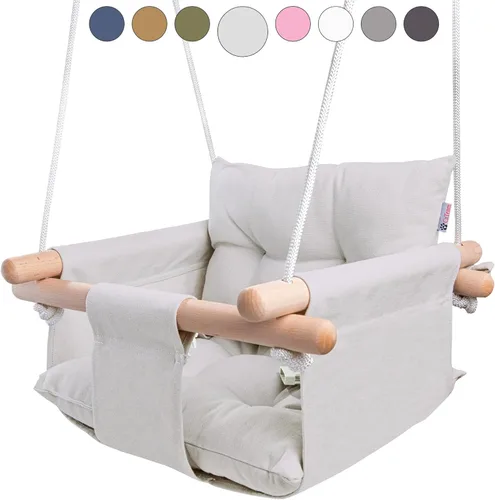Vista 12 de CaTeam Asiento de columpio de lona para bebé con cinturón de seguridad de 5 puntos, columpio colgante de madera para niños pequeños, interior y Gris