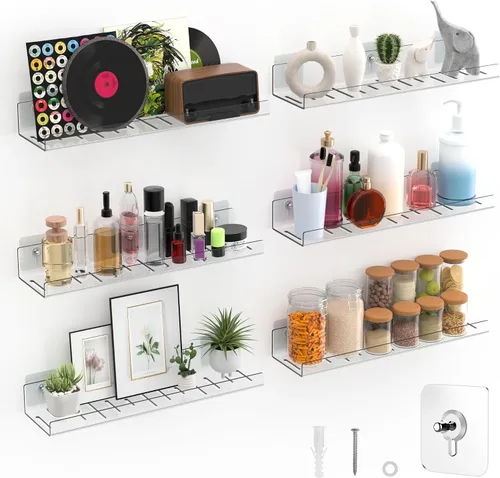 Vista 9 de LAZYROSY Paquete de 4 estantes flotantes – Acrílico transparente/PET montado en la pared, sin taladro, almacenamiento con adhesivo, estantes