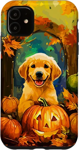 Vista 8 de Cute Golden Retriever Fall Pumpkin Autumn Leaves Halloween Case for iPhone 16