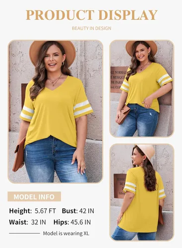 Vista 51 de Eytino Blusas de talla grande para mujer, cuello en V, manga corta, a rayas, casual, holgada, con bolsillo (1X-5X)