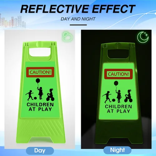 Vista 3 de 4 letreros grandes de 24 pulgadas para niños en el juego, reflectantes, de doble cara, letreros de seguridad para niños en juego, mango portátil