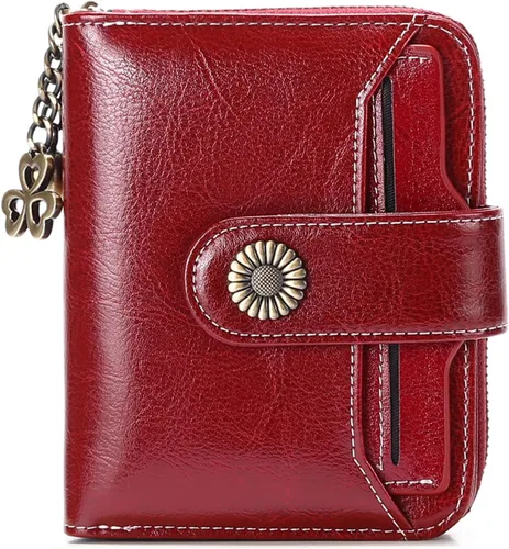 Vista 7 de Cartera de piel con bloqueo RFID para mujer con bolsillo con cremallera, pequeña cartera compacta con sección de efectivo, 8 tarjeteros de crédito