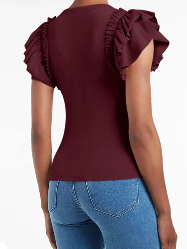 Vista 3 de Camisas de manga corta con volantes para mujer, ajuste entallado, cuello alto, punto acanalado