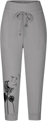 Vista 4 de Pantalones capri para mujer, estampado de diente de león, pantalones capri con cordón de cintura alta, elásticos, pantalones cortos de verano