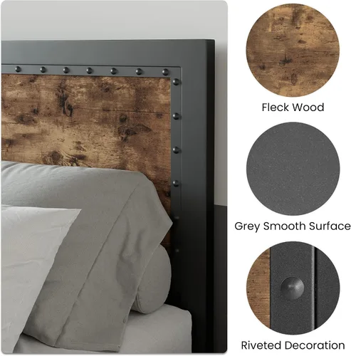 Vista 3 de SHA CERLIN Marco de cama gris de metal tamaño completo, base de plataforma de madera industrial con cabecero y pie de cama con remaches, no necesita