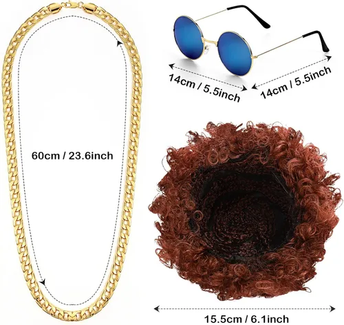Vista 2 de Eurzom Conjunto de disfraz de discoteca que incluye camisa brillante con pantalón para hombre, peluca afro, collar, lentes de sol para fiesta