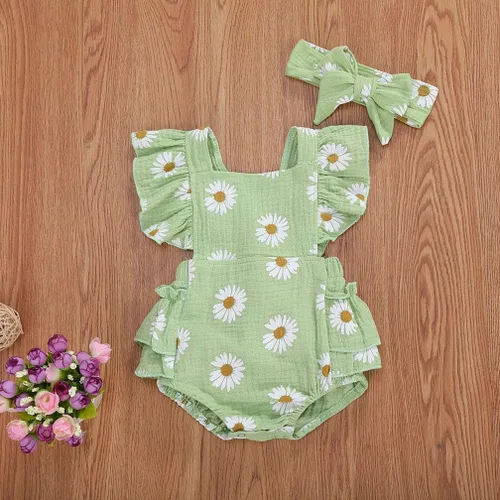 Vista 3 de Bebé Niñas Impresión Margarita Algodón Lino Volantes Sin Mangas Mameluco Mono Mono con Headaband Ropa Infantil Verano