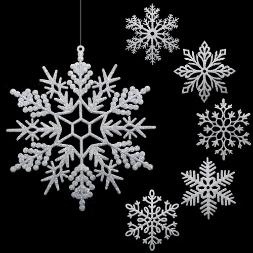 Vista 9 de Sratte Paquete de 12 adornos de copos de nieve grandes con purpurina de 12 pulgadas, decoración gigante de plástico para colgar en invierno