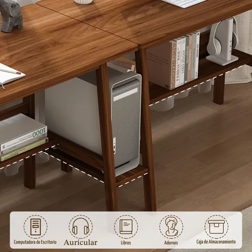 Vista 3 de NELYE Escritorio para 2 personas con estantería, mesa de trabajo de madera extra larga de 79 pulgadas, estación de trabajo para computadora de Nuez