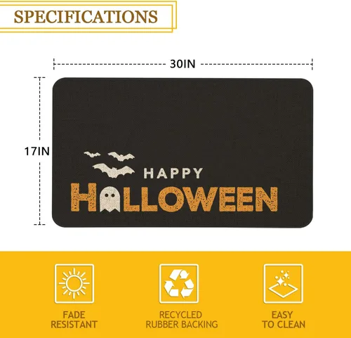 Vista 3 de Mloabuc® Felpudo de Halloween para puerta delantera, fantasma negro, parte trasera de goma antideslizante, diseño de calavera de feliz Halloween
