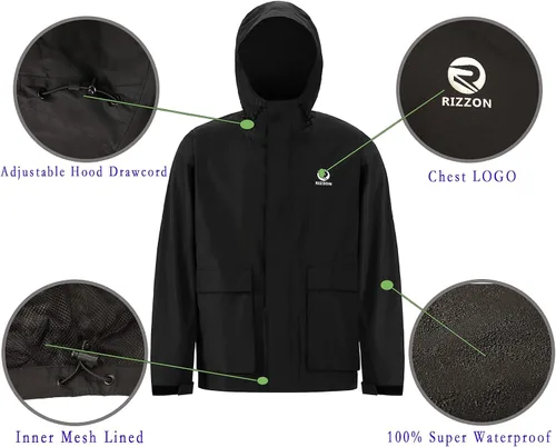 Vista 3 de Rizzon Traje de lluvia de pesca para hombre, impermeable, para vela, pantalones con capucha