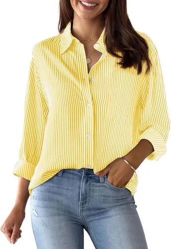 Vista 21 de Siliteelon - Camisas de botones para mujer, camisa de vestir a rayas de algodón, de manga larga, cuello con solapa, para oficina y trabajo