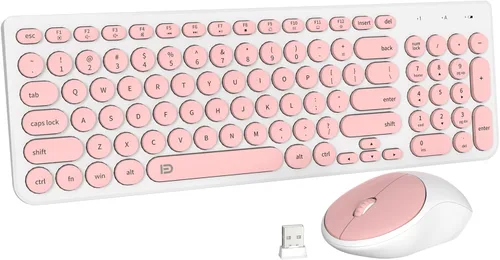 Vista 9 de FD Combo de teclado y mouse inalámbricos, bonito teclado y mouse coloridos con teclado retro inalámbrico de 2.4 GHz, apagado automático, receptor