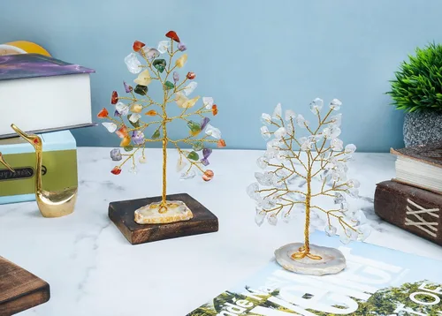 Vista 5 de Cuarzo transparente y mezcla de chakras, mini rebanada de piedras preciosas curativas naturales de cristal bonsái, árbol del dinero, Feng Shui