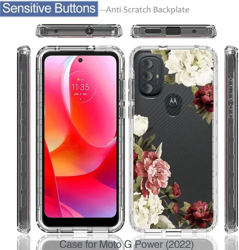 Vista 5 de Funda para Moto G Power 2022, Moto XT2165DL con protector de pantalla de vidrio templado, bonito patrón floral transparente de cuerpo completo