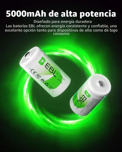 Vista 3 de EBL, pilas recargables C de alta energía de 5000 mAh Ready2Use, 4
