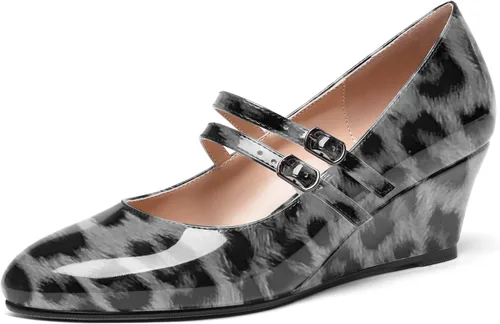 Vista 31 de SHOWFOREST Zapatos de tacón bajo con hebilla de punta redonda para mujer, con correa ajustable y correa ajustable, 2 pulgadas Beige