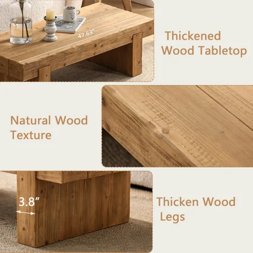Vista 8 de SSLine Mesa de Centro de Madera Maciza de 47.6 Pulgadas Mesa de Centro Rectangular para Sala de Estar, Mesas de Centro de Cóctel Estilo Granja