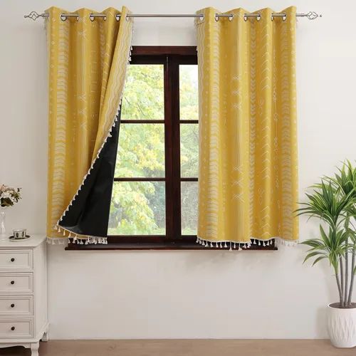Vista 17 de Cortinas Boho ColorBird Beige Crema opacas, 2 paneles de 63 pulgadas de largo, tratamiento para ventanas con aislamiento térmico, estampado