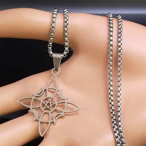 Vista 2 de Collar de nudo celta de pentagrama de bruja, collar de acero inoxidable con luna creciente y estrella, collar de joyería Wicca de acero inoxidable