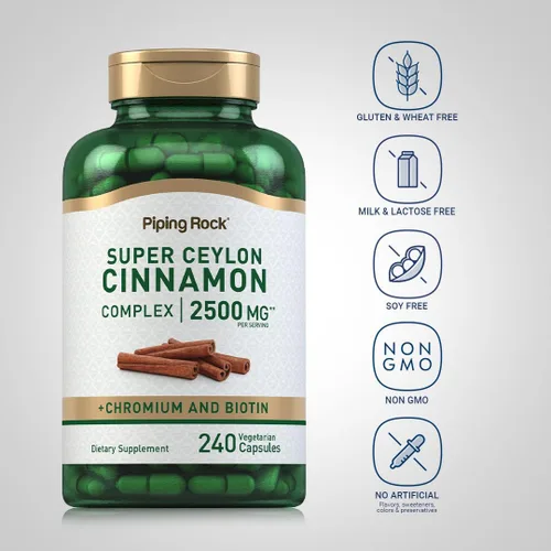 Vista 3 de Piping Rock Super Ceylon Complejo de Canela de Ceilán Cápsulas 2500 mg 240 Pastillas en Polvo Suplemento de Extracto con Cromo y Biotina