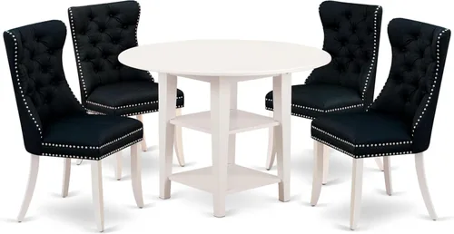 Vista 17 de East West Furniture SUDA5-LWH-12 - Juego de mesa de comedor de 5 piezas, incluye una mesa de cocina redonda con gotas y estantes y 4 sillas de tela
