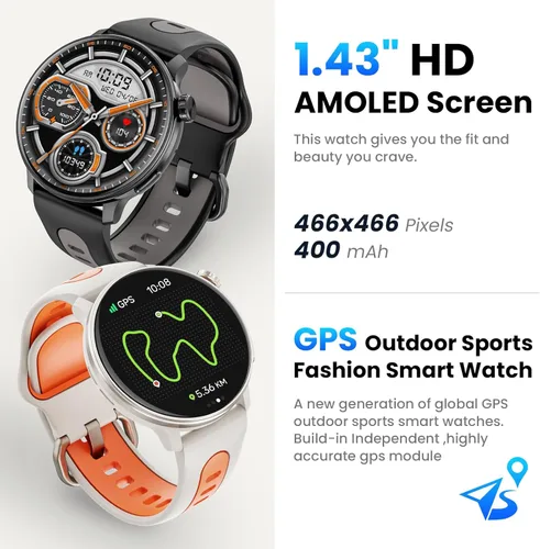 Vista 2 de Reloj inteligente para hombres y mujeres GPS, 1.43 pulgadas AMOLED Smartwatch con brújula/barómetro/altímetro 100+ rastreador de fitness deportivo