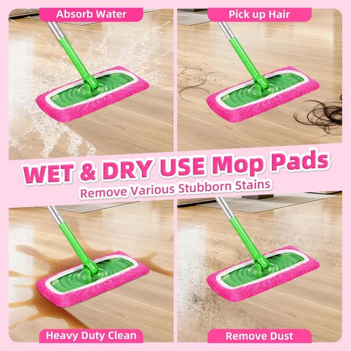 Vista 4 de Almohadillas reutilizables de microfibra para trapeador Swiffer, cubierta de repuesto de almohadillas húmedas Rosa