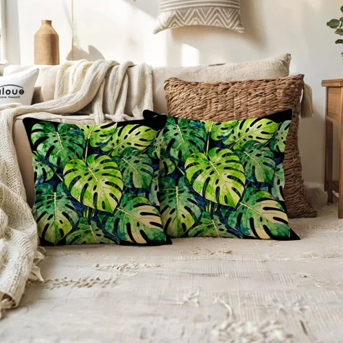 Vista 5 de Juego de 2 fundas de almohada de hojas de Monstera con diseño de hojas de palmera tropical, con temática botánica, fundas de almohada decorativas