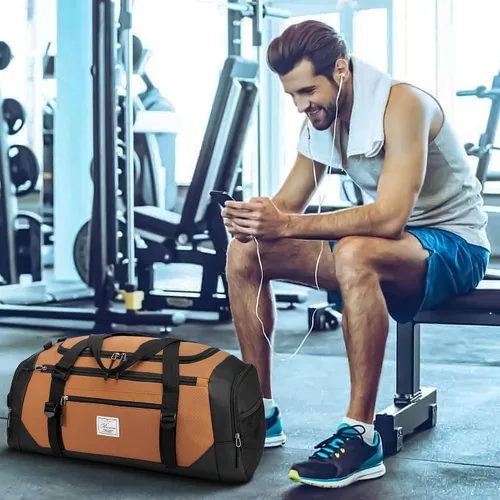 Vista 9 de Bolsa de lona para hombres bolsa de gimnasio 1000d material impermeable de nylon, Caqui2, 65 l, Viajes