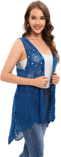 Vista 4 de Chaleco de encaje de ganchillo para mujer, estilo bohemio, sin mangas, kimono con dobladillo irregular