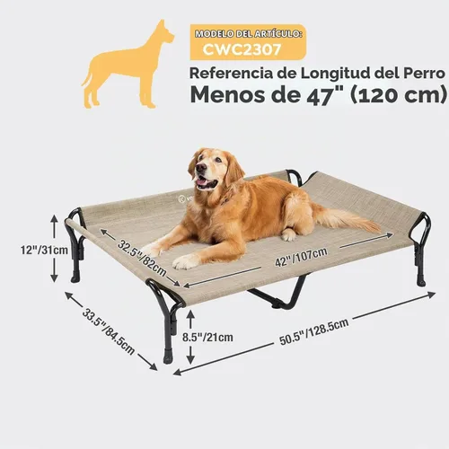 Vista 3 de Veehoo Cama elevada refrescante para perros, cuna elevada XL para mascotas con barandilla y reposacabezas inclinado, malla Teslin transpirable beige