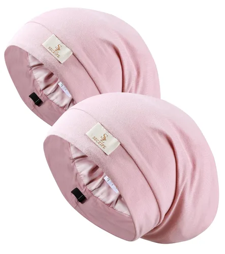 Vista 10 de SECZIPE 2 piezas de cofia de satén de seda para envolver el cabello para dormir, con correa ajustable para cabello rizado, gorras nocturnas Negro