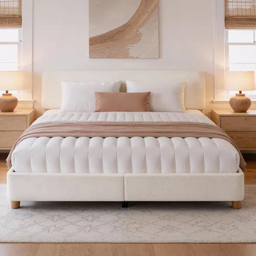Vista 9 de Estructura de cama en forma de nube BERRY NEST, estructura de cama suave de bouclé con cabecero ajustable, patas de madera maciza, diseño