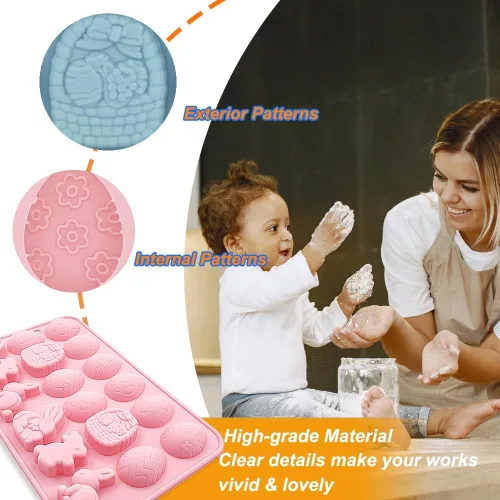Vista 4 de Paquete de 2 moldes de chocolate para gomitas de Pascua, 18 cavidades, huevo, conejo, dulces, bandeja para hornear pastel de chocolate, postre