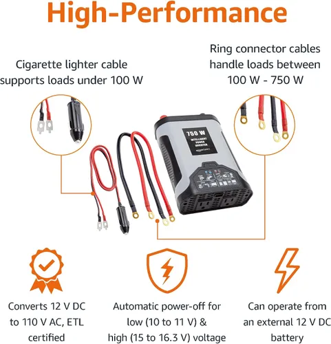Vista 3 de Amazon Basics Inversor de corriente para automóvil de 750 W, 12 V a 110 V para vehículos, gris, 8.34 x 5.2 x 2.2 pulgadas