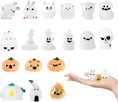 Vista 9 de Decoraciones de Halloween en miniatura, 18 piezas de accesorios de pueblo miniatura, calabaza, momia, conejo, fantasma, resina, que brilla