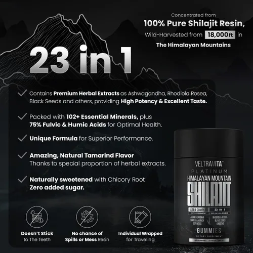 Vista 3 de Gomitas Shilajit del Himalaya, 23 en 1 con musgo marino, Ashwagandha, Tongkat Ali, aceite de semilla negra y rosa de rodiola, probadas