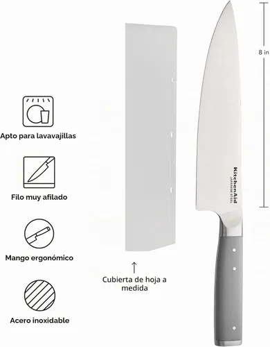 Vista 5 de KitchenAid Cuchillo de chef forjado gourmet con cubierta de hoja de ajuste personalizado, cuchillo de cocina afilado, hoja de acero inoxidable Gris