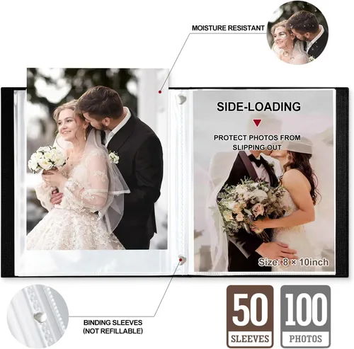 Vista 4 de Lanpn Álbum de fotos de 8 x 10 pulgadas, tapa dura de lino, sin ácidos, bolsillo de carga superior, libro de fotos con fundas que sostiene 100 Negro