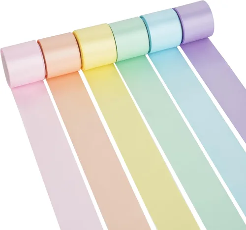 Vista 25 de Cinta de satén arco iris multicolor de 3/8 pulgadas, surtido de 6 rollos de cinta delgada de arco iris para envolver, tarjeta de invitación, Arco