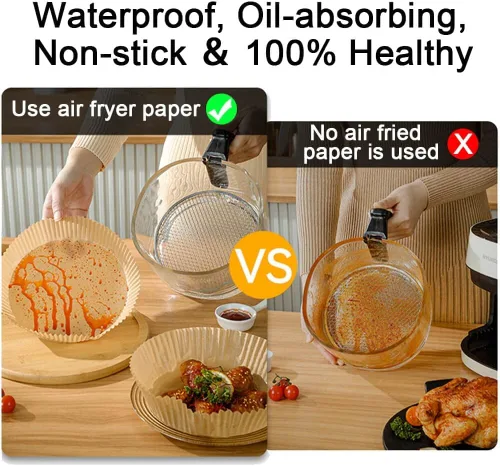Vista 3 de 50 forros de papel desechables para freidora de aire de 8 pulgadas, redondos de pergamino natural, antiadherentes, a prueba de aceite, impermeable
