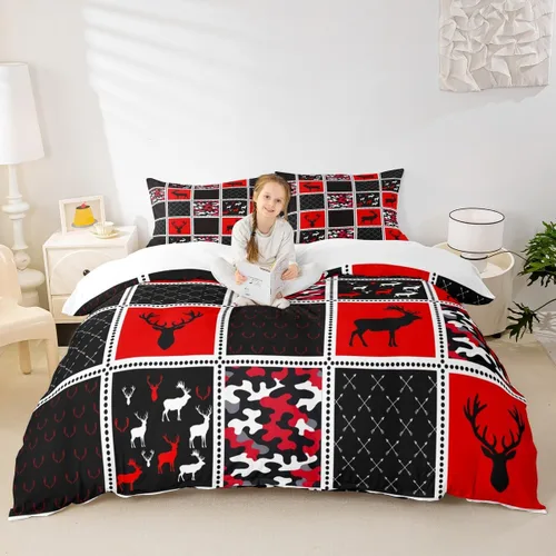 Vista 22 de Juego de funda de edredón para niños de ciervo, oso, lobo, tamaño individual, juego de ropa de cama de cabaña de aventura para niños, niñas