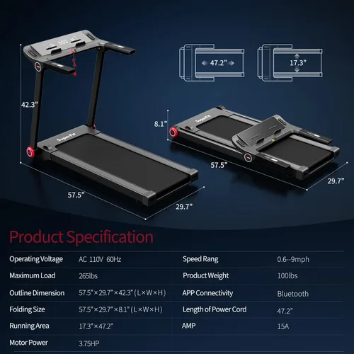 Vista 8 de Goplus Cinta de correr plegable de 3.75 HP, caminadora independiente Superfit con aplicación, 12 programas preestablecidos, pantalla LCD, monitor