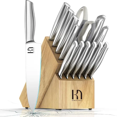 Vista 10 de Juego de 14 piezas de cuchillos de cocina KnifeSaga de acero inoxidable de alto carbono japonés de primera calidad con afilador incorporado, juego