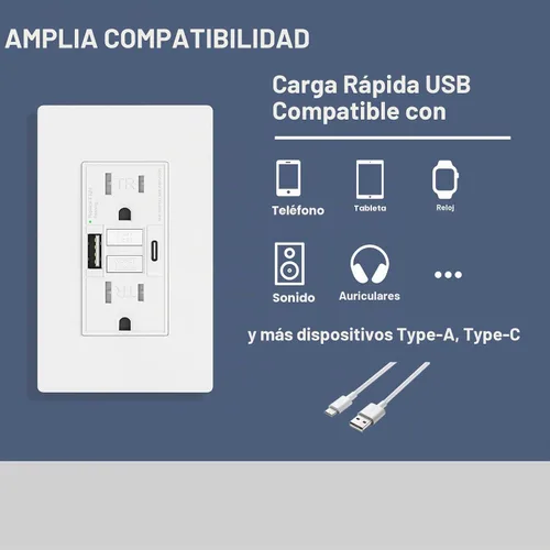Vista 4 de Toma GFCI de 15 amperios con puertos de carga USB de 4.8 A/24 W tipo A y tipo C, autocomprobación, indicador LED, resistente a manipulaciones